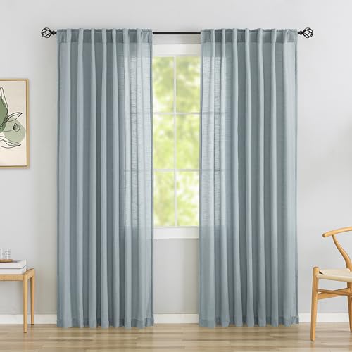 DONREN Stone Blue Back Tab Curtains 80 Inches Long 2 Panels for Bedroom,Modern Farmhouse Hooks Belt Pleated Semi Privacy Drapes Shabby Chic Light Filtering Window Curtains W52 x L80