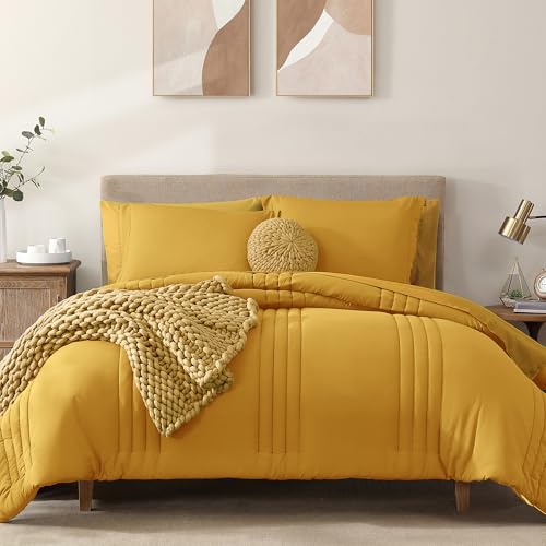 Monbix King Size Comforter Set - 7 Pieces Bed in a Bag King, Bright Yellow Bedding Sets with Comforter, All Seasons Down Alternative Comforter Bed Set with Sheets, Pillowcases & Shams