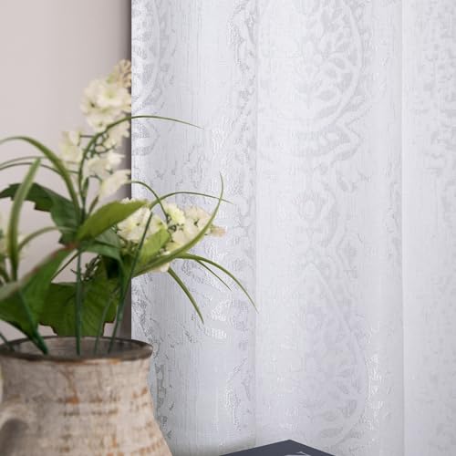 Mrs.Naturall White Damask Moroccan Pattern 3D Jacquard Embossed Embroidered Curtains 63 Inches Long for Bedroom Living Room 2 Panels Set