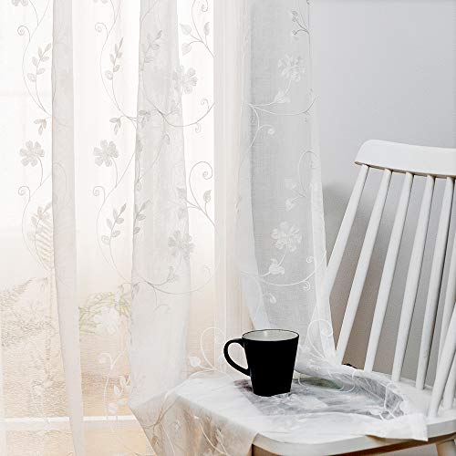 "MYSTIC-HOME Floral Embroidery Sheer Curtains White 45 Inch Length, Rod Pocket Voile Drapes Treatments Semi Crinkle Curtain Panels for Yard, Villa, Parlor, Set of 2, Floral White, 52"" Wx45 L"