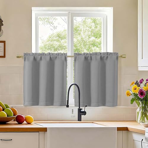 "Simplebrand Silver Grey Short Cafe Curtains Tier 24 Inch Length 2 Panels Set, Modern Solid Blackout Window Cafe Curtains for Bathroom, Basement, Cabinet, Camper, Silver Grey, Each 30"" Wx24 L Inches"