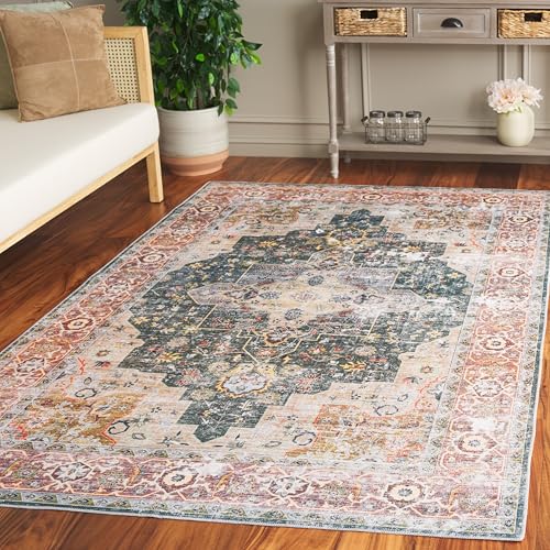 Safavieh Distressed Rug Ideal for High Traffic Areas - Machine Washable and Non Slip - Arizona Collection, Short Pile, in Green and Brown, 122 X 183 cm