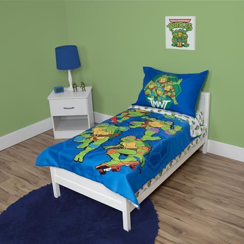 TEENAGE MUTANT NINJA Turtles 4 Piece Toddler Bedding Set – Includes Comforter, Sheet Set – Fitted + Top Sheet + Reversible Pillowcase for Boys Bed, Blue