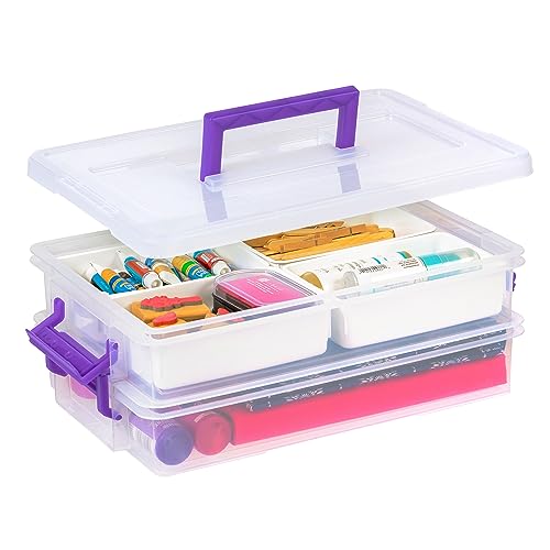 IRIS USA 5.7L (6 US Qt) Large Clear Plastic Storage Bins with Secure Buckles and Portable Handle, 6-Pack, Organizer Container Box for Stationery Craft Toys Beauty and Household Supplies, Clear/Violet