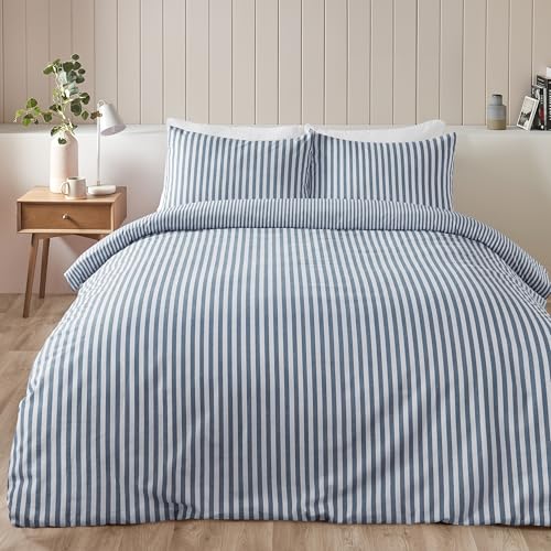 Catherine Lansfield Brushed Stripe Cotton Reversible Super King Duvet Cover Set with Pillowcases Blue