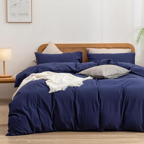 BESTOUCH Cotton Solid Duvet Cover Set Linen Feel Navy Blue Oversized Full - 100% Washed Cotton, Soft Wrinkle Texture, Hidden Zipper, 8 Ties, Breathable Lightweight Durable Comfy, 3 Pcs No Insert
