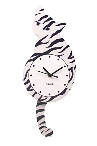 FISURA - Cat Clock with Tail. Original Wall Clock. Silent Wall Clock 46 x 8 cm. Wood and ABS. 1 AA Battery (Not Included) (Black and White)