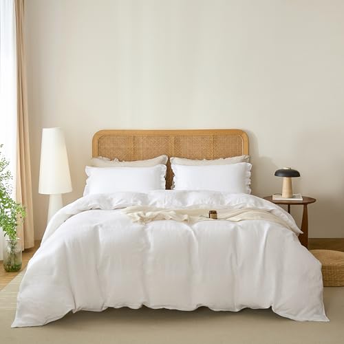 Talasily 100% French Linen Duvet Cover Set 2pc - Zipper Closure & 8 Corner Ties with Ruffled Pillowcases All-Season Breathable Bedding (Twin,White)