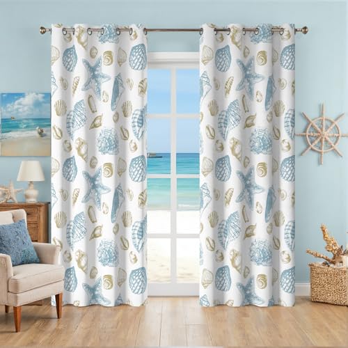 Coastal Beach Curtains Grommet Drapes Decorative Nautical Seashell Starfish Themed Thermal Insulating 50% Light Blocking Window Darkening Curtain for Living Room, Bedroom 2 Panels Set, 52x96 Inches
