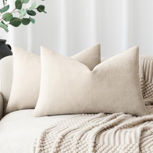 Foindtower Pack of 2 Soft Textured Throw Decorative Pillow Covers Lumbar Accent Solid Cushion Cover Cozy Neutral Farmhouse Pillow Case for Couch Sofa Bedroom Living Room 12x24 Inch, Light Beige