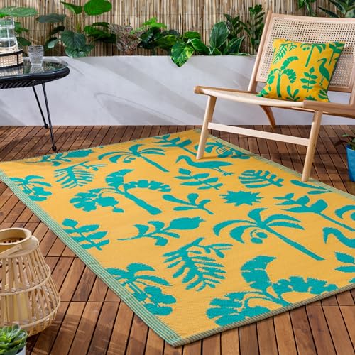 furn. Marula Rug – Indoor/Outdoor Woven Botanical Tropical Birds Weather Resistant Easy Clean Lightweight Rug (Yellow/Teal - 120x180cm)