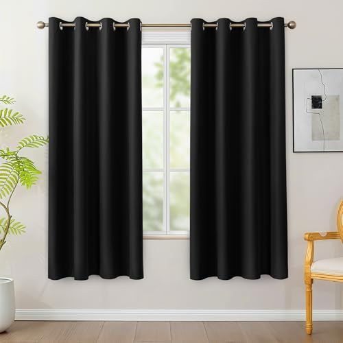BONZER 100% Blackout Curtains for Bedroom - Light Blocking Thermal Insulated Window Drapes with Black Laminated Backing, Single Layer Total Room Darkening Curtain, 54 x 72 Inch, Black, 2 Panels