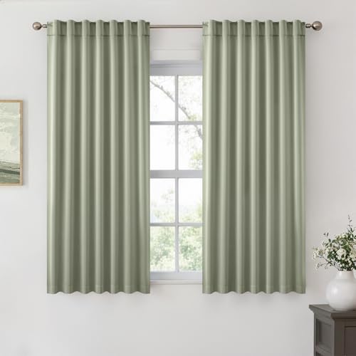 ANRODUO Back Tab Blackout Curtains for Bedroom Living Room, Rod Pocket Pinch Pleated Thermal Insulated Room Darkening Curtains 54 Inches Long 2 Panels, Sage Green, 42 x 54 Inch
