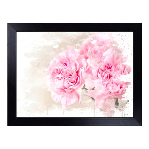 Lap Tray with Bean Bag Cushion, Pink Carnation Flower. - Handmade in the UK, Raised Wooden Edge, Padded Cushion, Heat-Resistant Wipe-Clean Surface, for Meals, Laptops and Crafts