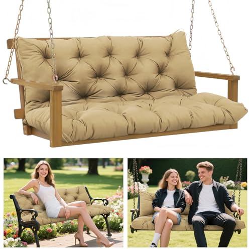 "BFWHQ Fade Resistant Porch Swing Cushions Outdoor 60 inch Waterproof Extra 5"" Thick 3 Seater Replacement Swing Cushions with Backrest and Ties for Patio Garden Furniture(Khaki 60??40??5inch)"