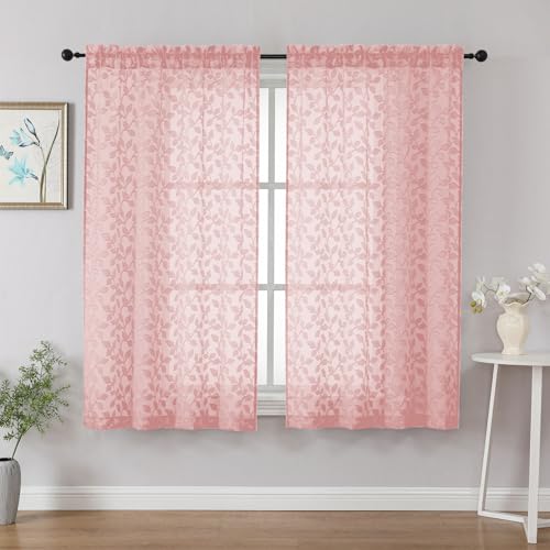 "Chyhomenyc Blush Pink Sheer Curtains 54 Inch Length for Living Room 2 Panels Set, Light Filtering Tufted Textured Soft Airy Rod Pocket Leaf Window Treatment Drapes for Bedroom, 42"" Wx54 L, 2PCS"