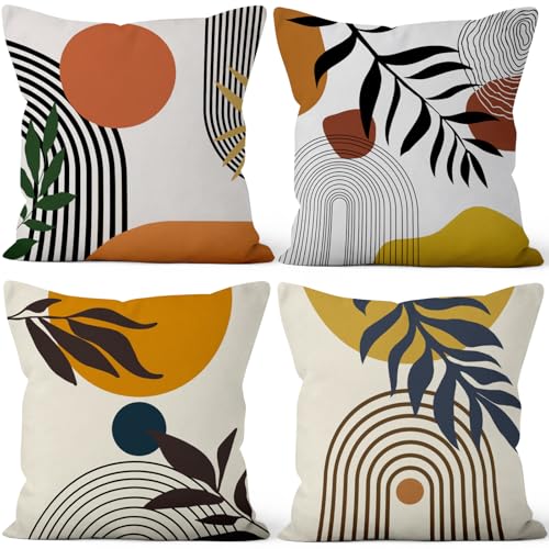 "Vie Savaran 4 Pcs/Set Abstract Line Throw Pillow Covers Boho Sun Moon Arch Botanical Leaves Geometric Lines Plants Linen Throw Cushion Cases for Couch Sofa Bedroom Decorative, 18""x18"""