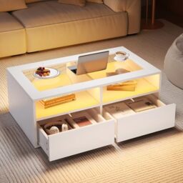 Ball & Cast Coffee Table with LED, White Glass Coffee Table with 2 Drawers & Open Storage, Modern Centre Table, Sofa Side Table & Coffee End Table for Living Room & Office,100 x 50 x 35 cm