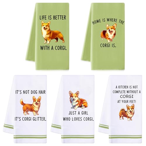 R HORSE 5Pcs Kitchen Dish Towels - Funny Corgi Dishcloths Absorbent Dish Tea Towels Cute Corgi Themed Kitchen Towels Bar Hand Dishcloths Hilarious Hand Towels Gift for Women Mom Hostess Housewarming