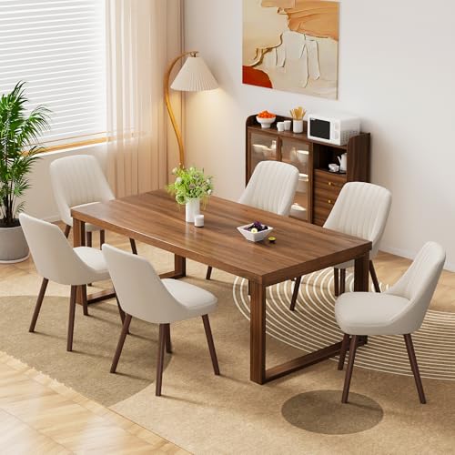 MALOL Wooden Dining Chairs Set of 6, Fabric Chairs for Dining Room with with Wood Legs and Thick Seat Cushion, Upholstered Kitchen Chair with Anti-Slip Pads, Beige