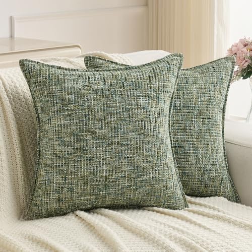 FUTEI Pack of 2 Tweed Chenille Throw Pillow Covers 26x26 Inch, Dark Green - Premium Chenille Front/ Smooth Velvet Back,Hidden Zipper,Machine Washable,Pilling-Resistant,Colorfast, Insert Not Included.