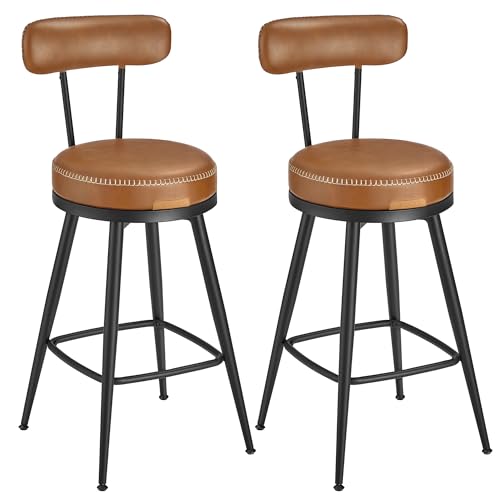 VASAGLE EKHO Collection - 360?Swivel Bar Stools Set of 2, Counter Chairs with Backs, Synthetic Leather with Stitching, Mid-Century Modern, 65 cm Tall, Kitchen Home Bar, Caramel Brown LBC089K88
