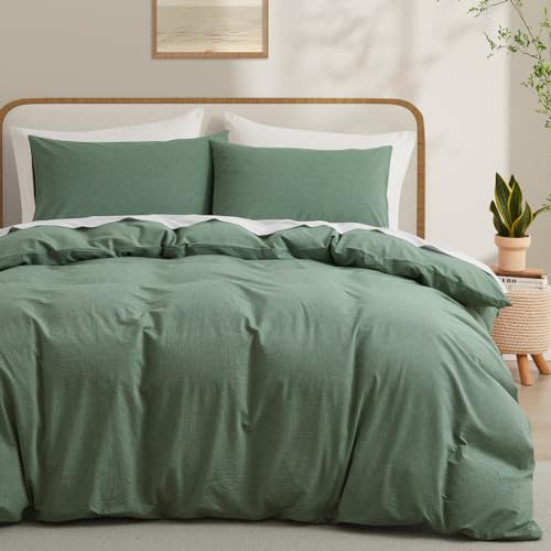 LOVQUE 100% Washed Cotton Duvet Cover, Mint Green, Queen Size, 90x90 Inches - Breathable, Linen-like, Natural Bedding Set with Zipper Closure, Corner Ties, 1 Cover + 2 Pillowcases, No Comforter