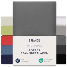 Dreamzie Premium Topper Fitted Sheet 90 x 200 cm - 100 x 200 cm - Extra Low Side Height - for Topper - Fitted Sheet Jersey Cotton, 150 g/m² - Oeko-Tex - Anthracite