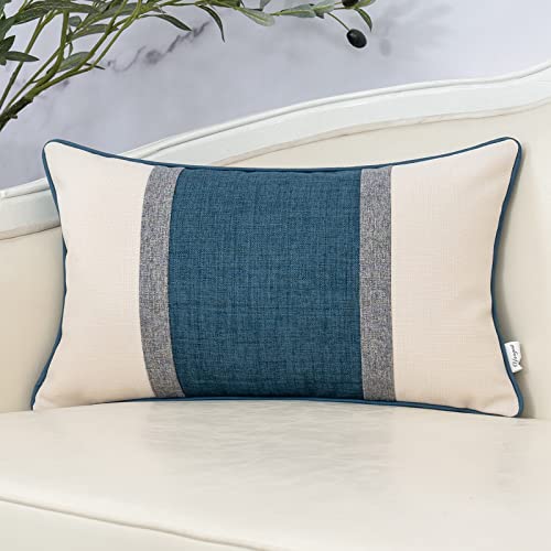 Yangest Blue Patchwork Linen Lumbar Throw Pillow Cover Farmhouse Burlap Cushion Case Neutral Oblong Pillowcase for Sofa Couch Bedroom Living Room Home Decor, 12x20 Inch