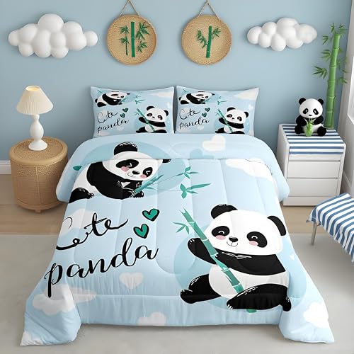 Feelyou Cute Panda Bedding Set Cartoon Panda Comforter Set for Kids Boys Girls Animal Theme Comforter Kawaii Animal Quilt Set Blue 1 Comforter Set with 1 Pillowcase Twin Size