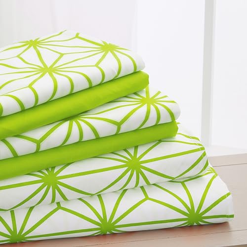 Elegant Comfort Luxury Soft 6-Piece Cube Geometric Pattern Sheet Set - 1500 Premium Quality Microfiber - Wrinkle and Fade Resistant Coziest Bedding Set, All Around Elastic Fitted Sheet, Queen, Lime