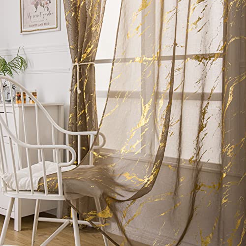"Sutuo Home Marble Sheer Curtains 63 Inch Length 2 Panels Set, Gold Foil Print Metallic Bronzing, Privacy Window Treatment Decor Abstract Drape Pair for Bedroom Living Room 52"" W x 63"" L, Taupe"