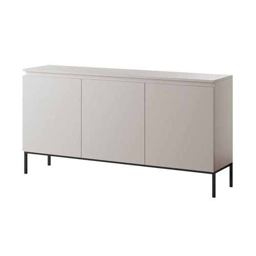 SELSEY Bemmi Sideboard 150x35x75.5 cm, Minimalist Kashmir Taupe Grey Chest of Drawers with 3 Doors, Handle-Free Design, Steel Legs, Modern Chester Drawers for Bedroom, 6 Shelves