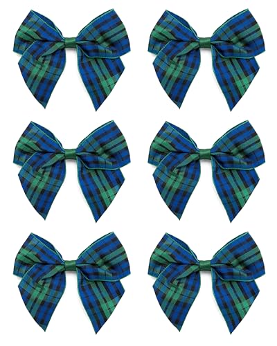 Italian Options Large Tartan Ribbon Bows, Self-Adhesive Christmas Ribbon Bow for Crafting, Gifts, Christmas Tree Decorations, Hampers, Wreaths, Hair Bows, Green/Blue, 6 Pack, 10 cm
