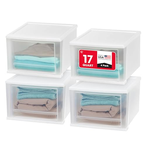 IRIS USA 17 Qt. Plastic Stackable Storage Drawers, Medium, 4 Pack, Multi-Purpose Bins for Bedroom, Bathroom, Closet, Dorm, Craft Room, Garage, Nursery, Office, Under Sink, White