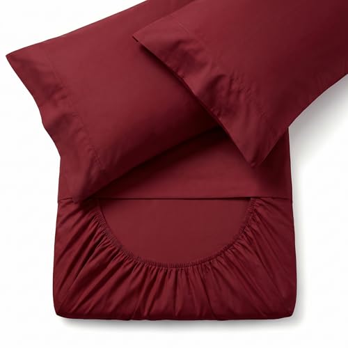 Peru Pima 415 Thread Count Percal King Sheet Set - 100% Peruvian Pima Cotton, 4 Piece (Flat, Fitted, 2 Pillowcases) - Cooling, Crisp, Deep Pocket, Hotel Quality Bedding - Burgundy