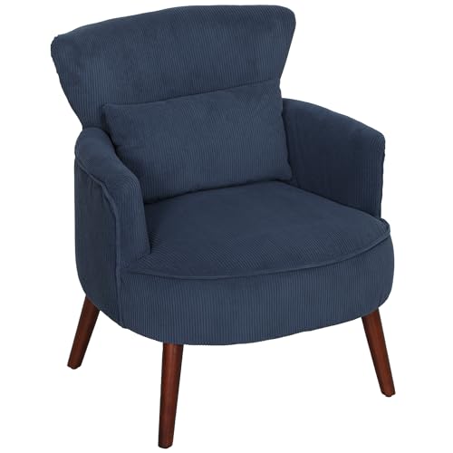 HOMCOM Modern Armchair, Upholstered Corduroy Accent Chair with Thick Padded Seat, Lumbar Pillow, Rubber Wood Legs, Cuddle Chair for Living Room Bedroom Office, Blue