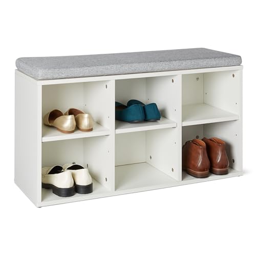 Amazon Basics Shoe Storage Bench with Seat for Indoor and Entryway, 6 Compartments, Adjustable Shelves, 87 x 30 x 48 cm, White