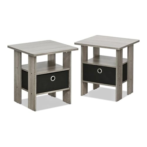 Furinno ANDREY Side Table, Set of 2 End Table, Night Stand with Open Shelves and Storage Bin, Bedside Table, for Living Room, Bedroom, French Oak