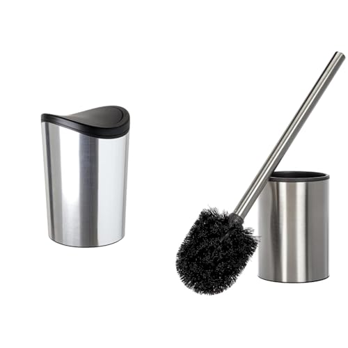 TATAY Bathroom Bin with Tipping Lid, 6L Capacity, Metallic. + Toilet Brush Satin, Stainless Steel, Black brush.