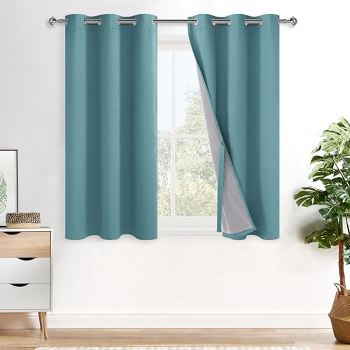 XWZO 100% Blackout Curtains - Thermal Insulated Black Liner Curtains, Noise Reducing and Heat Blocking Drapes for Hall and Studio Windows with Tiebacks, Stone Blue, W38 x L54, Set of 2