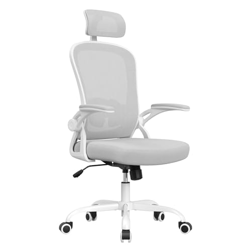 Farini Mesh Office Chair, Ergonomic Computer Desk Chair with Adjustable Headrest, Lumbar Support & Flip-Up Arms - White & Gray
