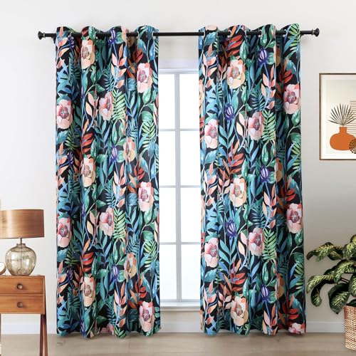 L.Z.E Privacy Curtains 96 Inches Long 2 Panels Set Leaf & Floral Light Filtering Non-See-Through Curtains & Drapes for Living Room Bedroom Nursery Grommet Top Green Leaves on Black (LZE2231E-GR96)