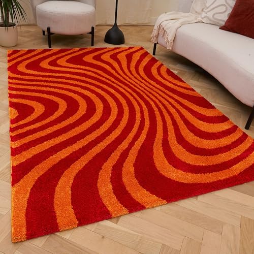 THE RUGS Joli Area Rug - Soft Dense Pile Modern Artistic Design, Durable & Easy Care Carpet for Living Room & Bedroom - Wavy Stripe Red & Orange, 80 x 150 cm
