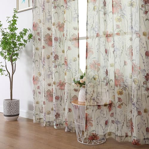 OWENIE Crushed Semi Sheer Curtains 72 Inches Length 2 Panels, Floral Pattern Design Rod Pocket Light Filtering Farmhouse Curtains for Bedroom Living Room, 2 Pieces Total 84 Inch Wide, 72 inch Long