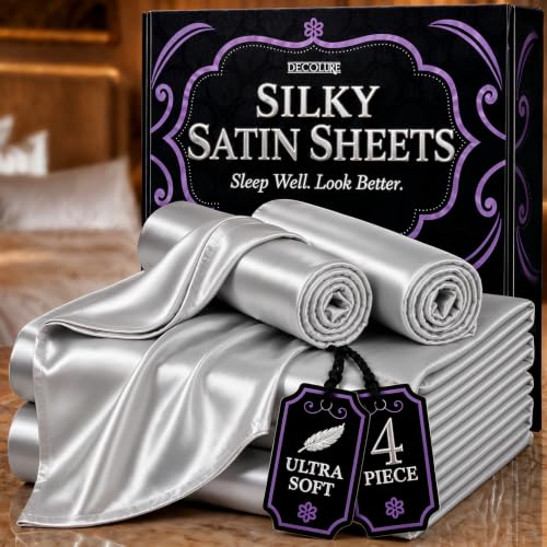 DECOLURE Satin Bed Sheets - 4 Piece Luxury Silky King Size Bedding Set - Softer Than Silk, Wrinkle-Free with 15??? Deep Pocket Fitted Sheet, Perfect for Hair & Skin, Gifts for Women (Grey)