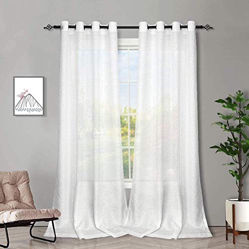 Melodieux Living Room Curtains - White Solid Faux Linen Voile Net Curtains Semi Sheer Ring Top Drapes for Bedroom, Office, Window (White, 55 x 102 inch drop)