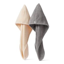 Amazon Basics Quick-Dry Microfibre Hair Towel Wrap, Hair-Drying Towel, Grey/Beige, 2-Pack