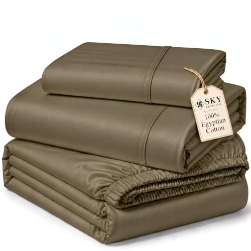 "SKY BEDDINGS Twin XL Sheets Set - 100% Egyptian Cotton - 600 Thread Count Twin Extra Long Bed Sheets for Dorm - 15"" Deep Pocket - Soft, Cooling Sateen Weave 3 Piece XL Twin Sheets - Taupe"