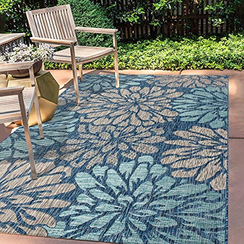 JONATHAN Y SMB110C-5 Zinnia Modern Floral Textured Weave Indoor Outdoor Area Rug, Bohemian, Coastal, Mediterranean Easy Cleaning, Non Shed, Navy/Aqua, 150 cm X 240 cm